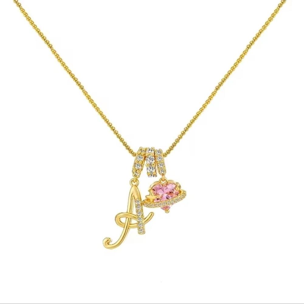 Gold Initial Necklace with Pink Accents